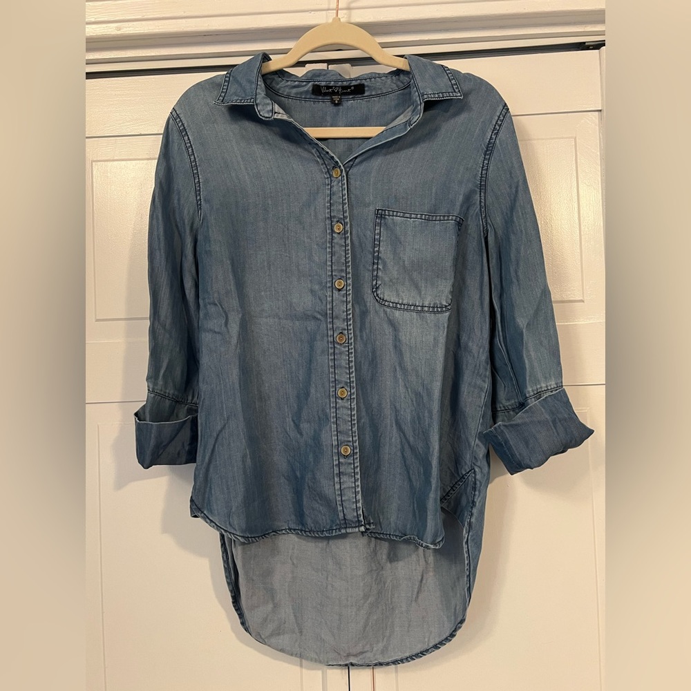 Velvet Heart Tencel Button 3/4 Cuff Sleeve Chambray Denim Small